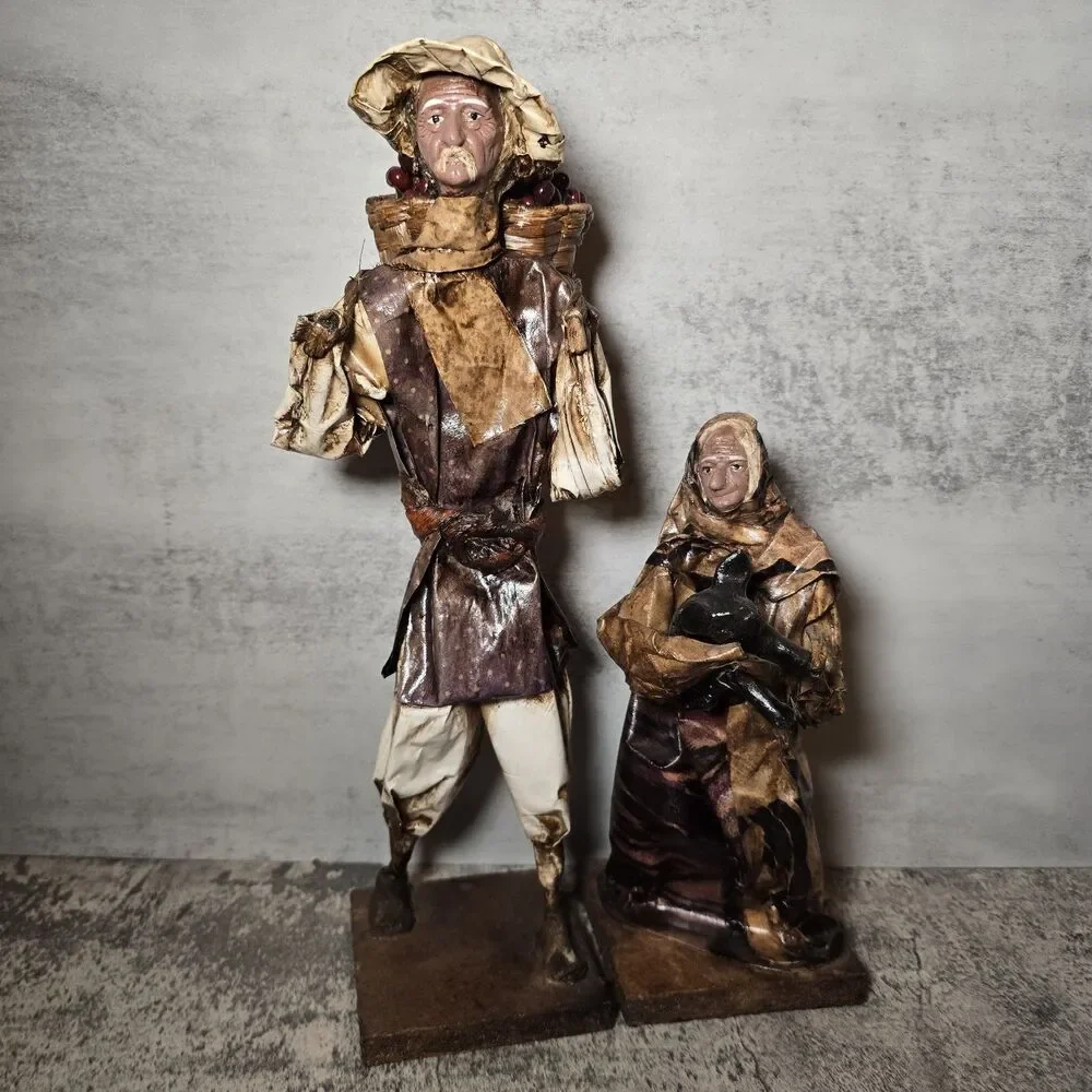Unique  Vtg Paper & Clay Mexican Folk Art Figures Man And Woman Handmade 11.5”